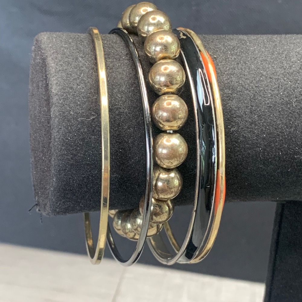 Mixed Bracelet Set Gold Tone Beaded Stretch & Enamel Bangle Stack Black Orange